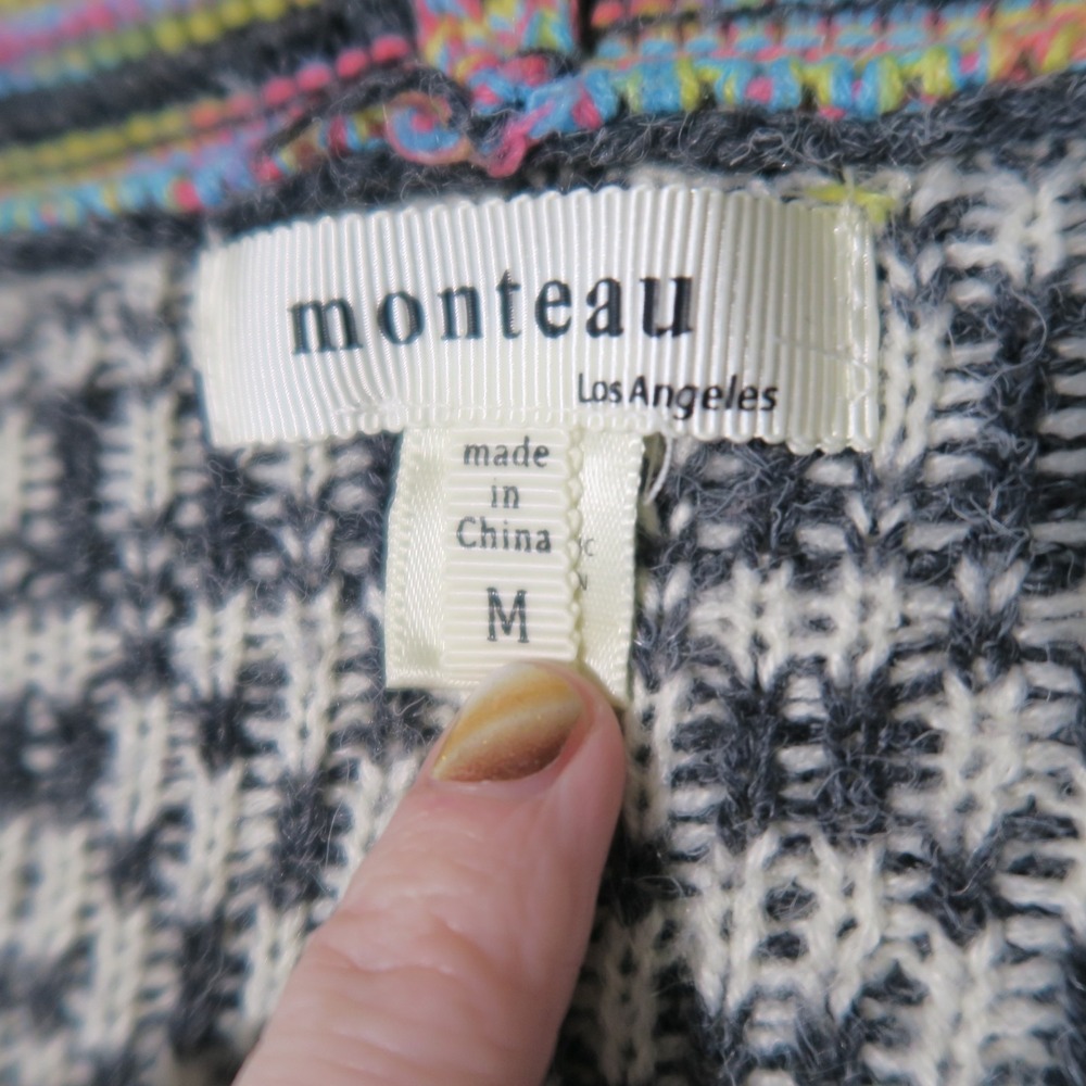 Monteau Hooded Duster Cardigan M Rainbow Intarsia Pockets Aztec Boho Festival - Picture 9 of 11